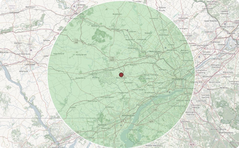 Map showing the 30-mile service radius from West Chester, PA, covering King of Prussia, the Main Line, Media, Norristown, Philadelphia, PHL Airport, Wilmington, Exton, Downingtown, and Coatesville.